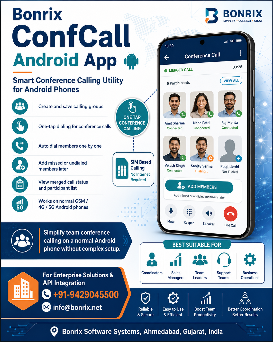 Bonrix ConfCall Android App for Easy GSM Mobile Conference Calling and Team Communication
