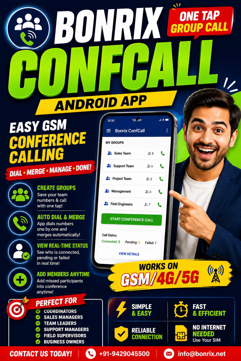 Bonrix ConfCall Android App for Easy GSM Mobile Conference Calling and Team Communication