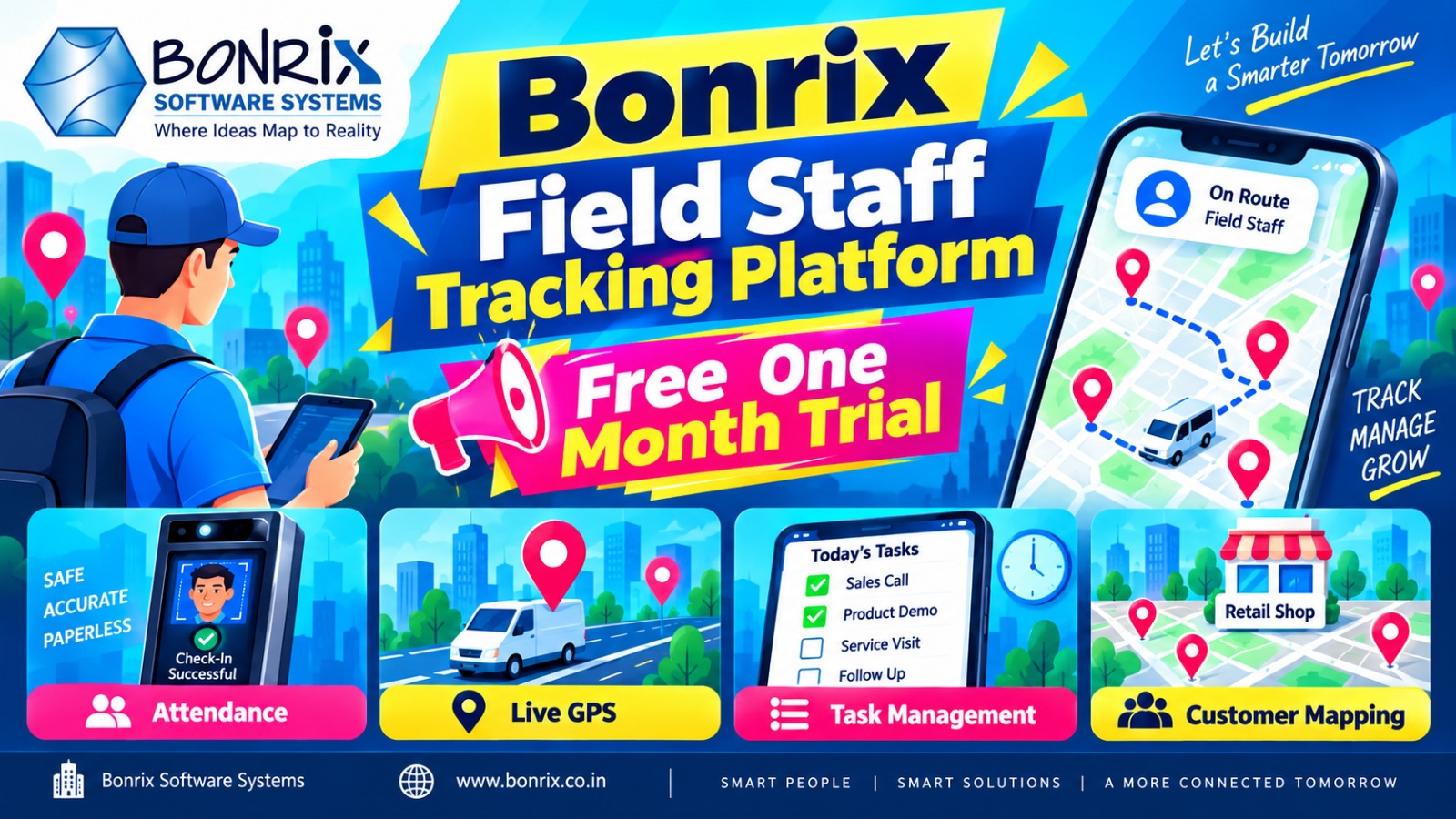 Bonrix Field Staff Tracking Platform – Attendance, Live GPS, Tasks & Customer Geo Mapping for Teams