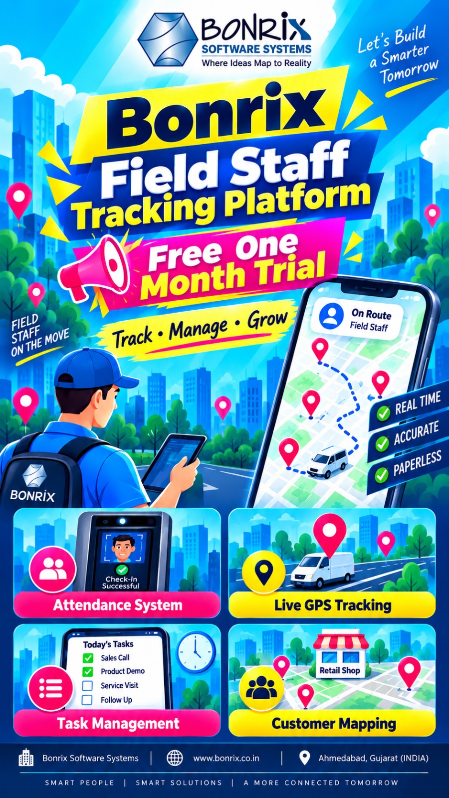 Bonrix Field Staff Tracking Platform – Attendance, Live GPS, Tasks & Customer Geo Mapping for Teams