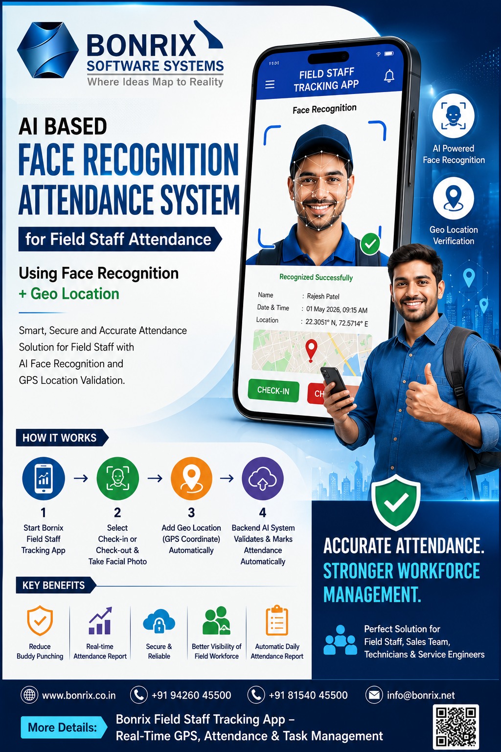 Bonrix AI Face Recognition Attendance for Field Staff with GPS Tracking