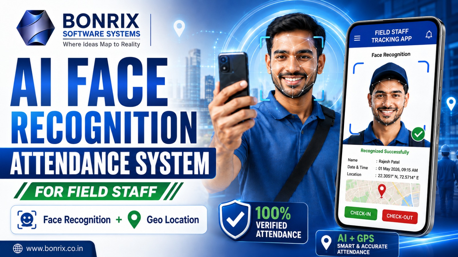 Bonrix AI Face Recognition Attendance for Field Staff with GPS Tracking