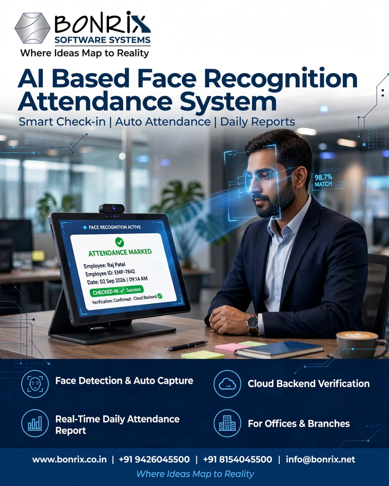 Bonrix AI Face Recognition Attendance System – Instant Office Check-In & Check-Out