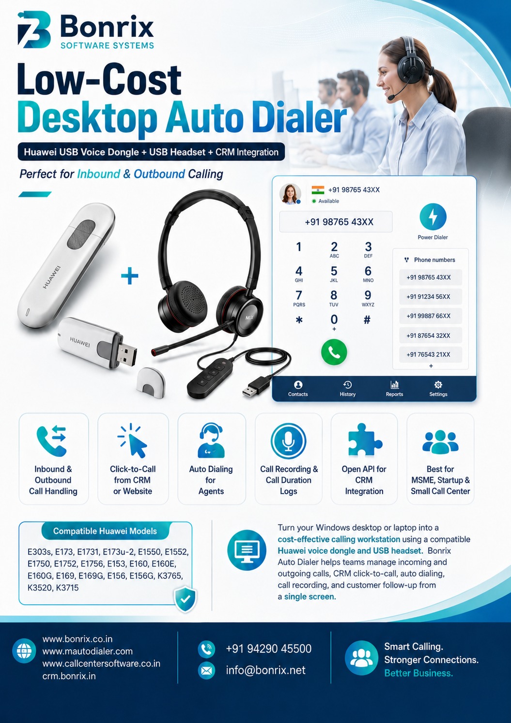 Bonrix Auto Dialer: Transform PC into a Low-Cost Huawei Dongle Call Center with CRM & Click-to-Call