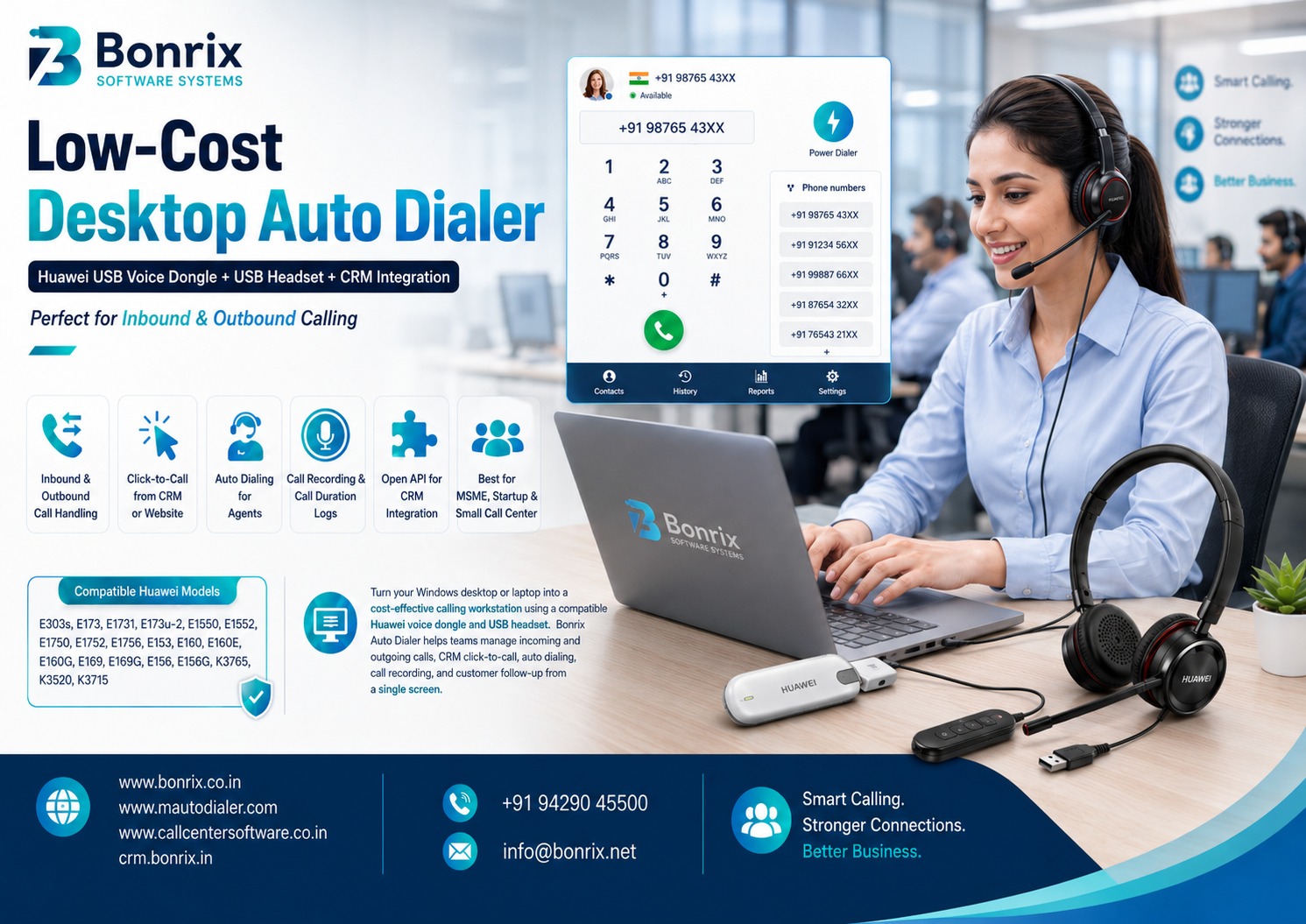 Bonrix Auto Dialer: Transform PC into a Low-Cost Huawei Dongle Call Center with CRM & Click-to-Call