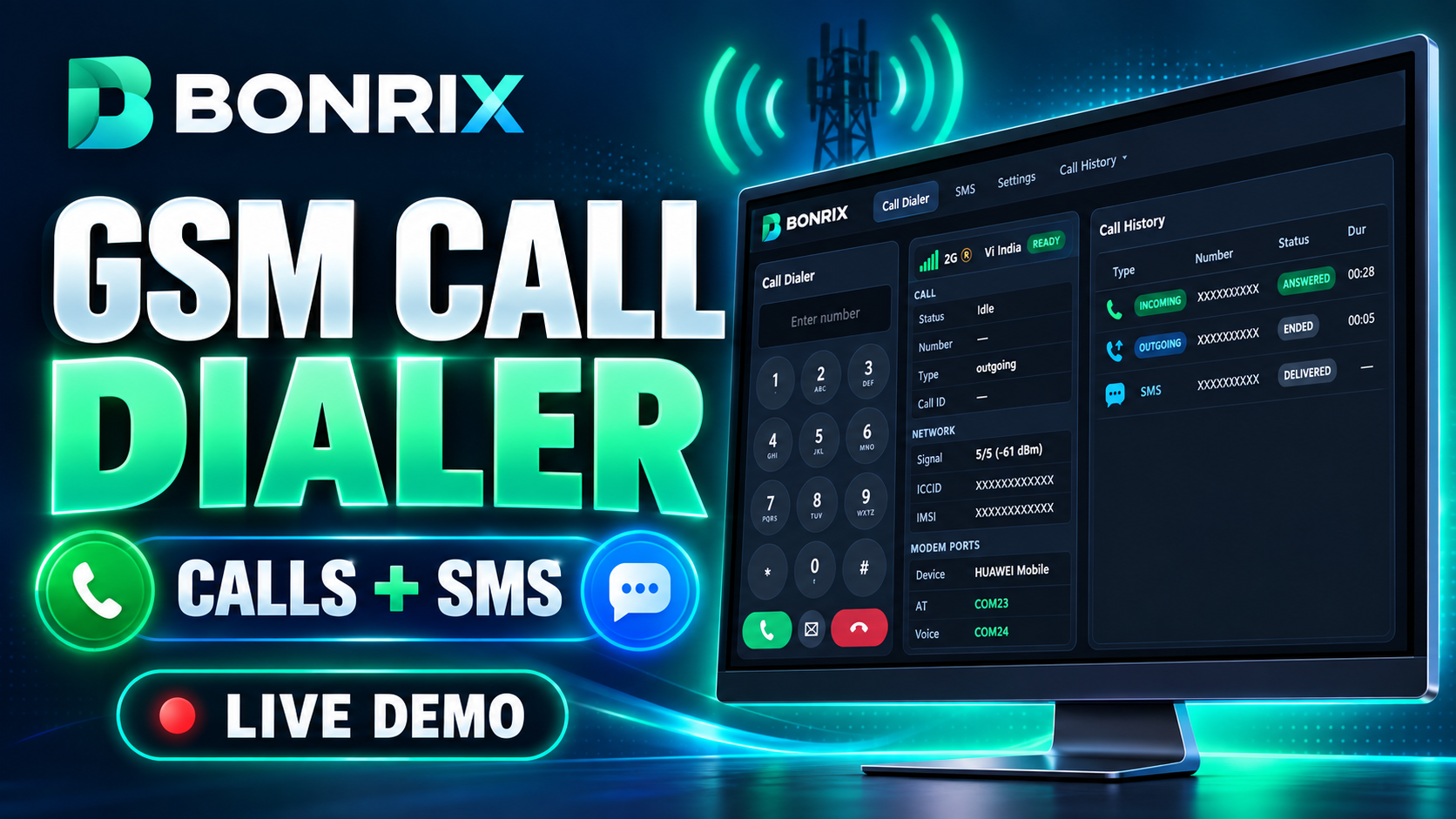 Bonrix GSM Dialer Demo | Incoming & Outgoing Calls, SMS & Call History