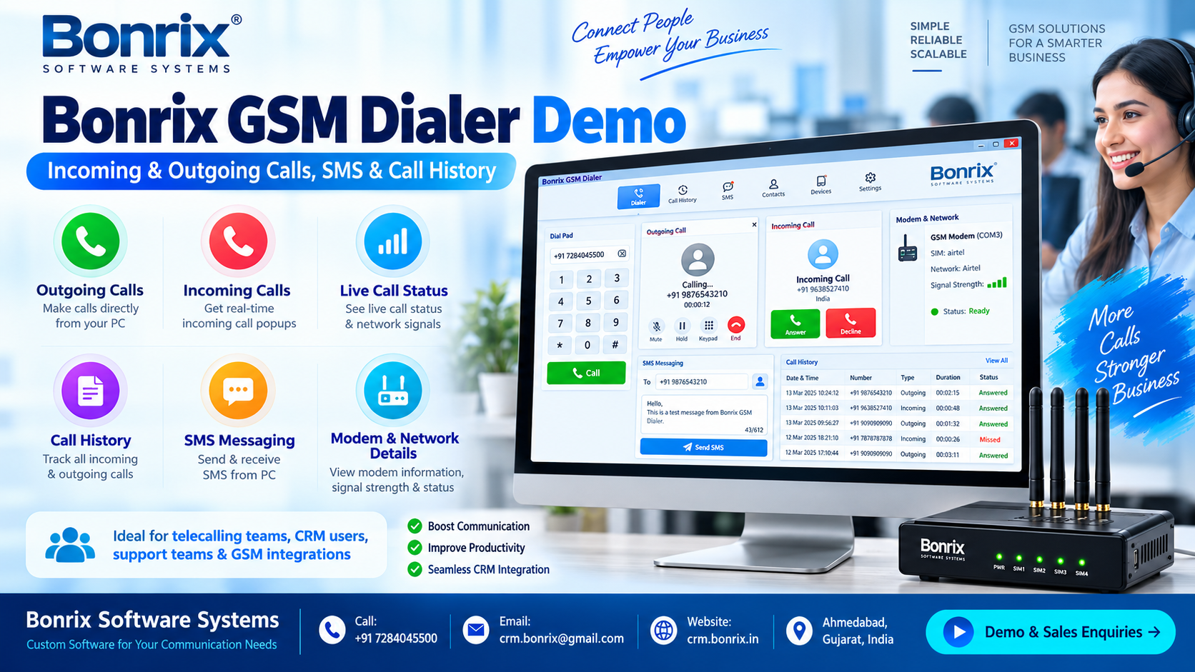 Bonrix GSM Dialer Demo | Incoming & Outgoing Calls, SMS & Call History