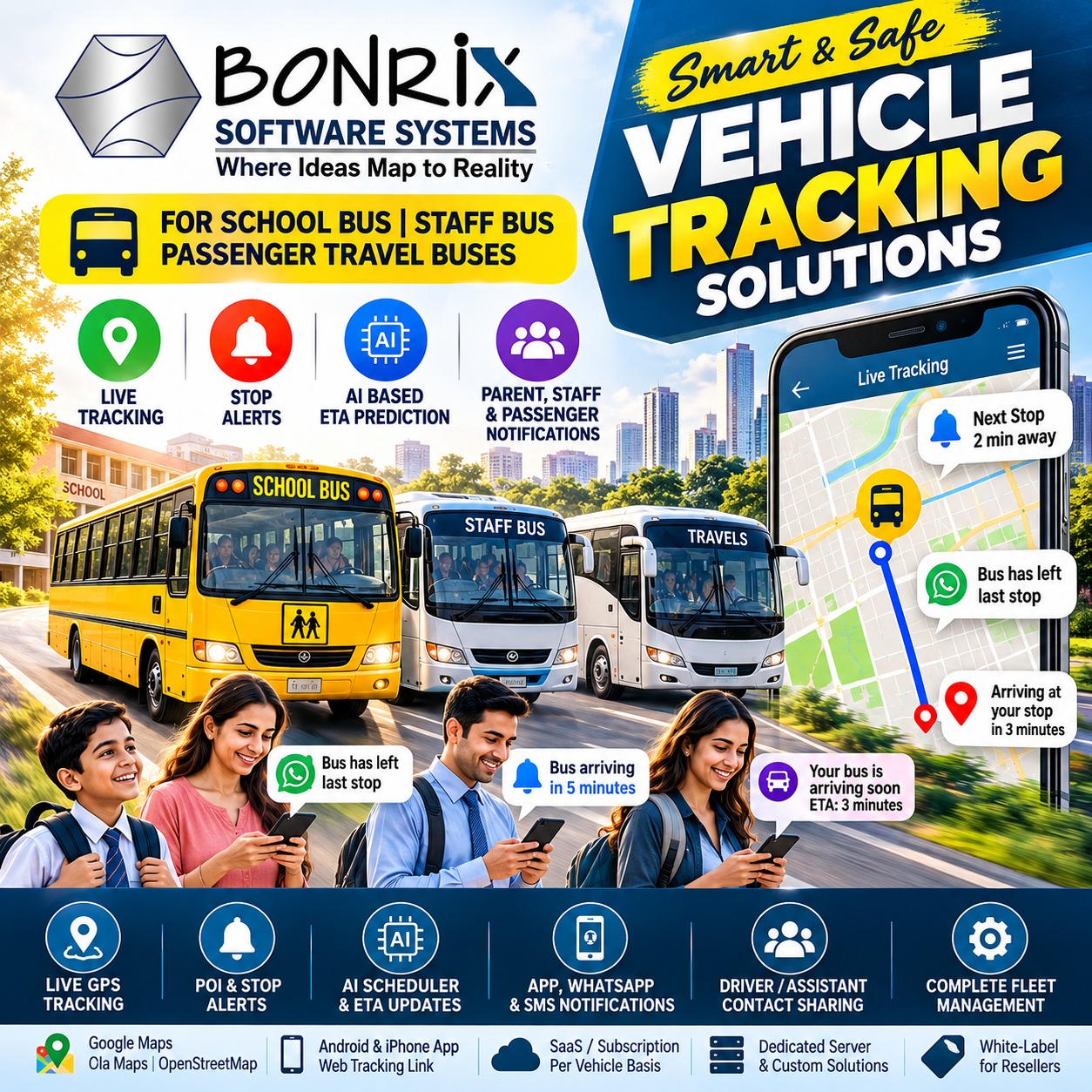 Bonrix AI Bus Tracking: Live GPS, Stoppage Alerts via App, WhatsApp and SMS for School & Staff Buses