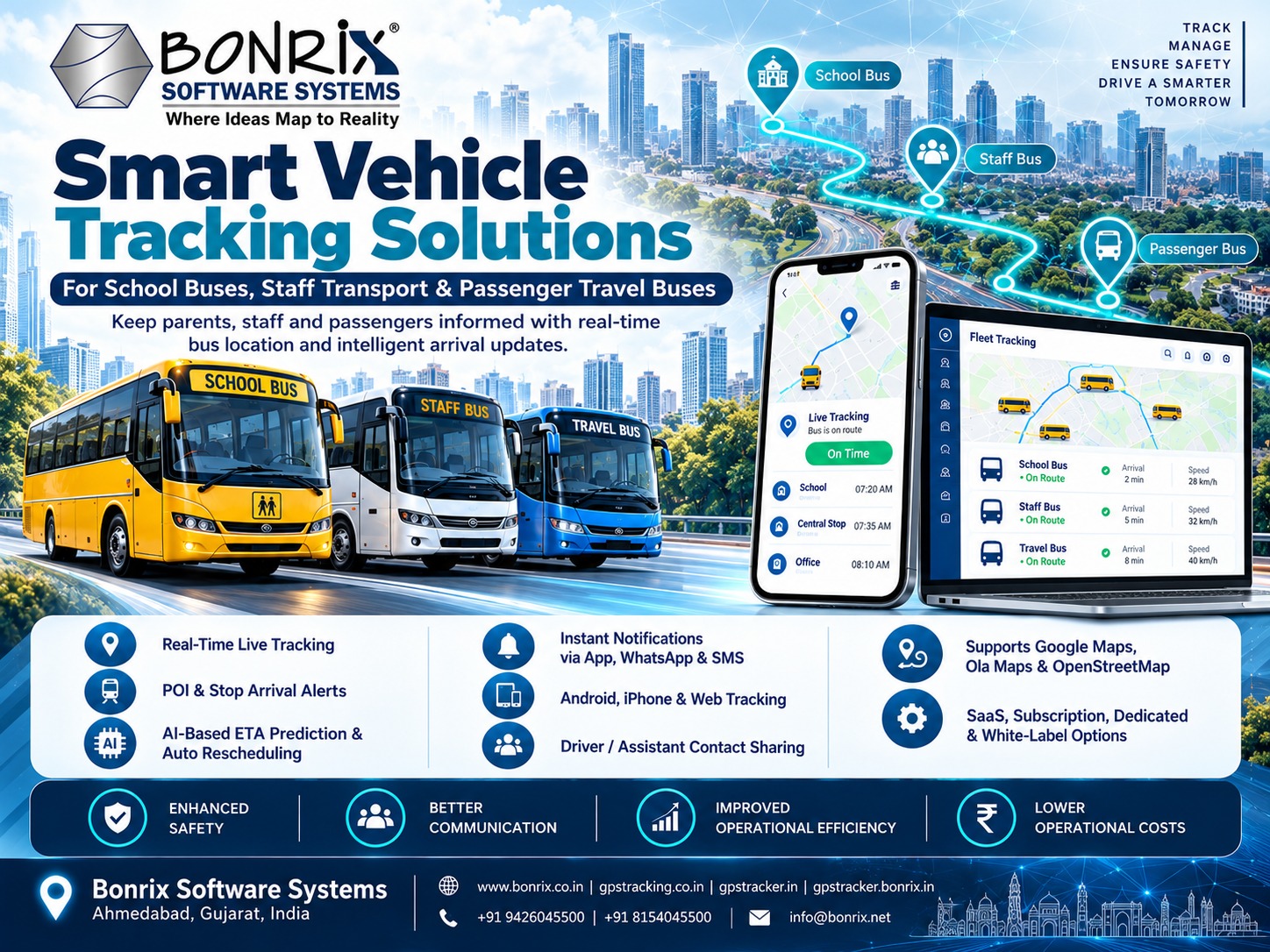 Bonrix AI Bus Tracking: Live GPS, Stoppage Alerts via App, WhatsApp and SMS for School & Staff Buses