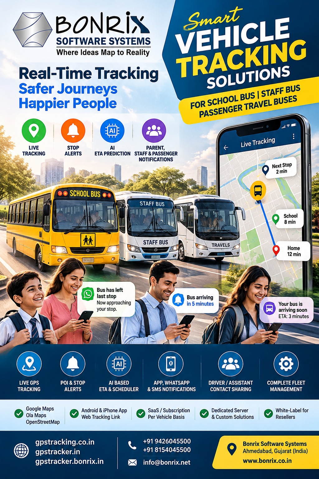 Bonrix AI Bus Tracking: Live GPS, Stoppage Alerts via App, WhatsApp and SMS for School & Staff Buses
