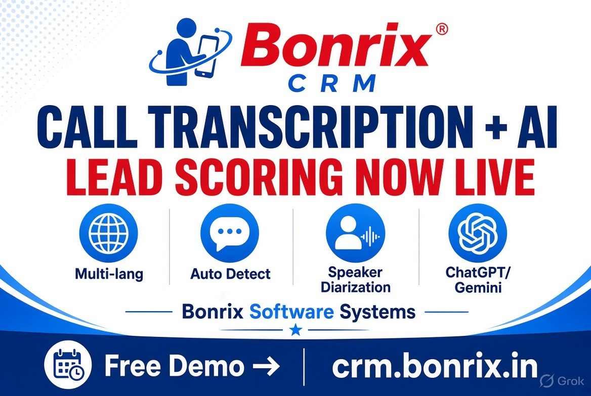 Bonrix CRM Auto Dialer: AI Voice Transcription, Speaker Diarization, LLM Lead Scoring for Sales Team