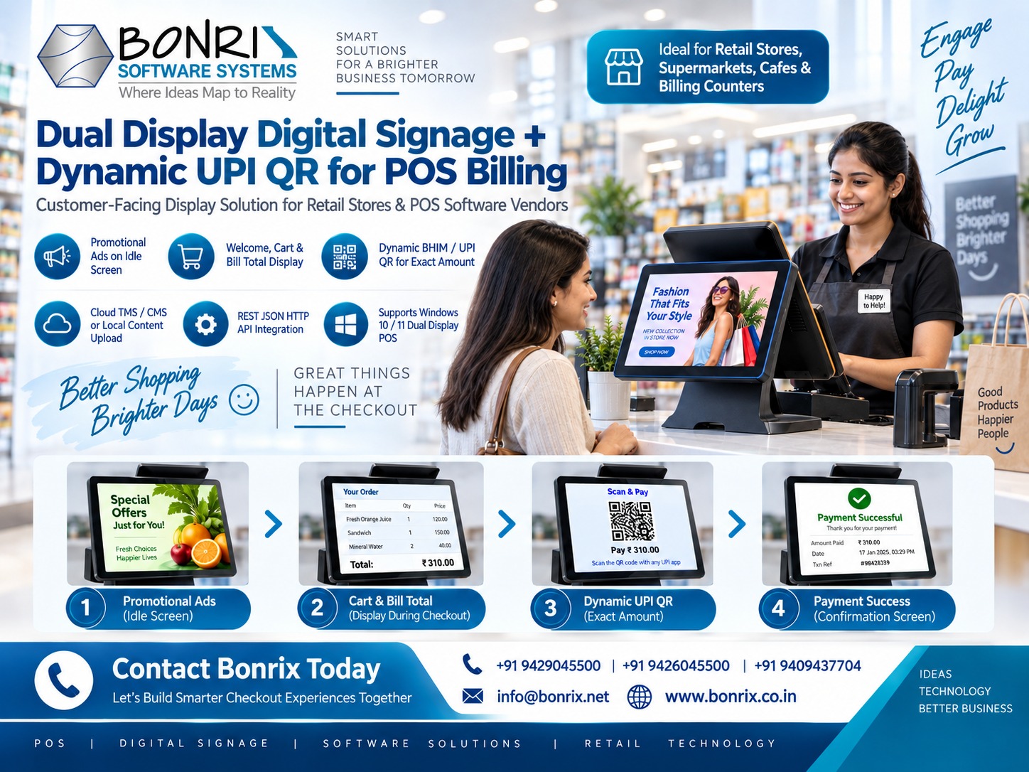 Bonrix Dual Display Digital Signage with Dynamic UPI QR for POS Billing | Cloud TMS & REST API Ready