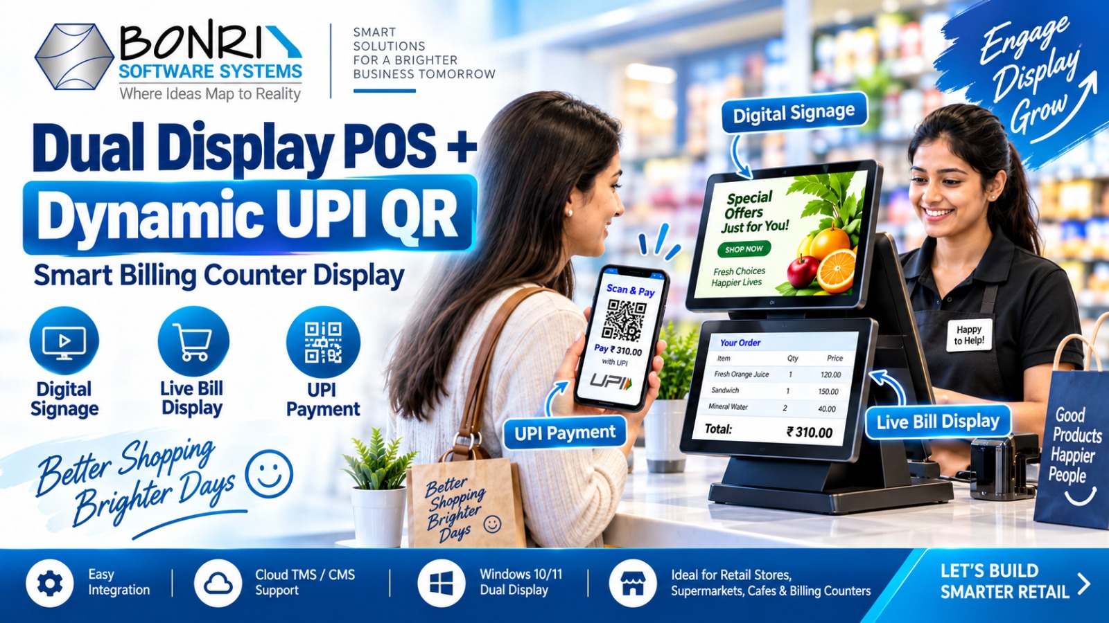 Bonrix Dual Display Digital Signage with Dynamic UPI QR for POS Billing | Cloud TMS & REST API Ready