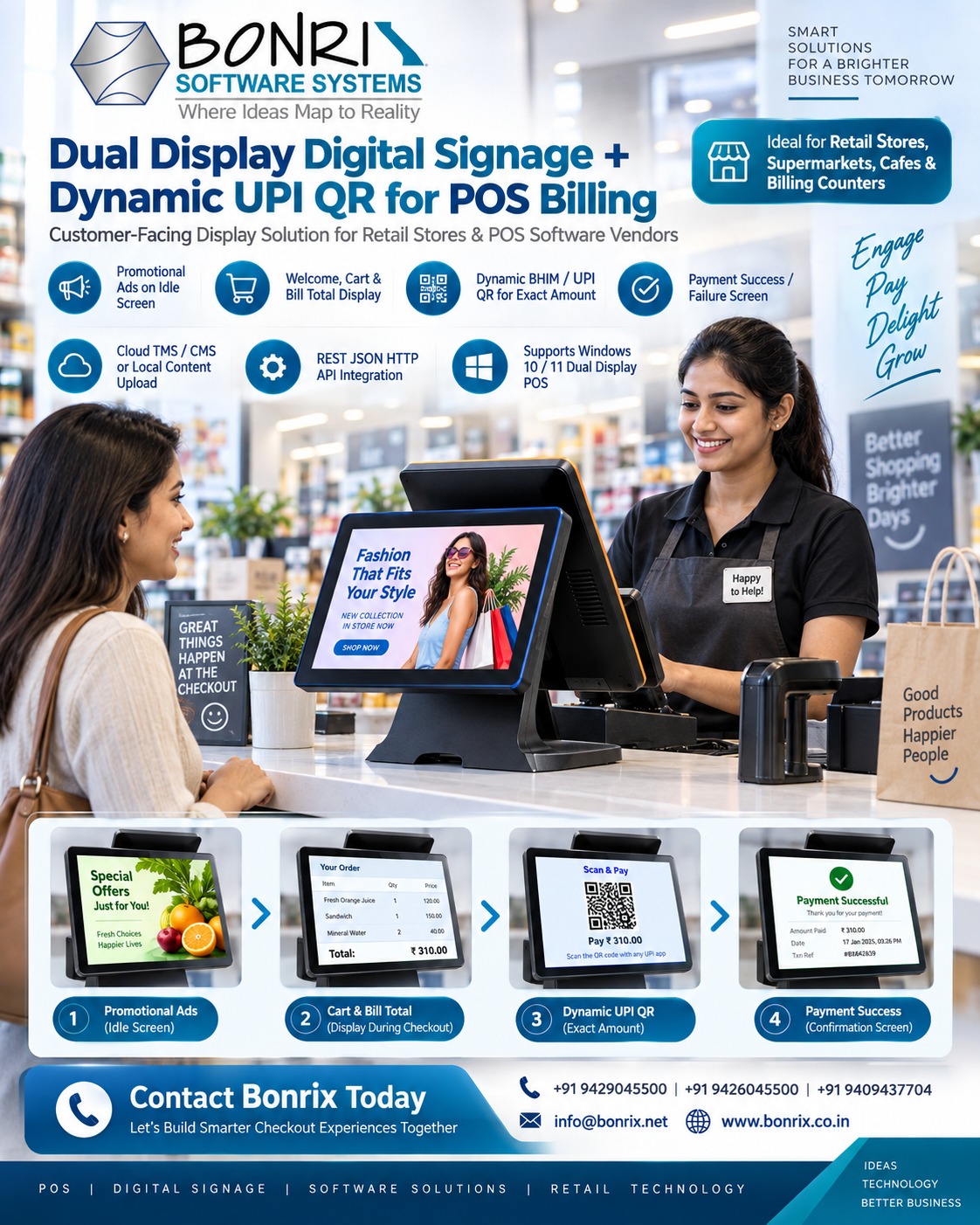 Bonrix Dual Display Digital Signage with Dynamic UPI QR for POS Billing | Cloud TMS & REST API Ready