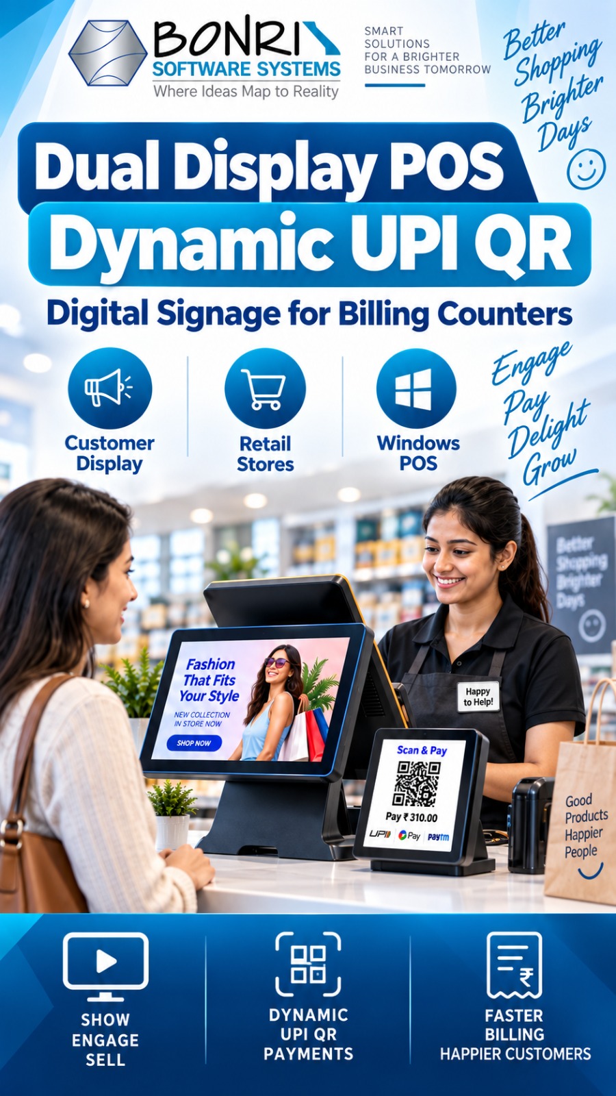 Bonrix Dual Display Digital Signage with Dynamic UPI QR for POS Billing | Cloud TMS & REST API Ready