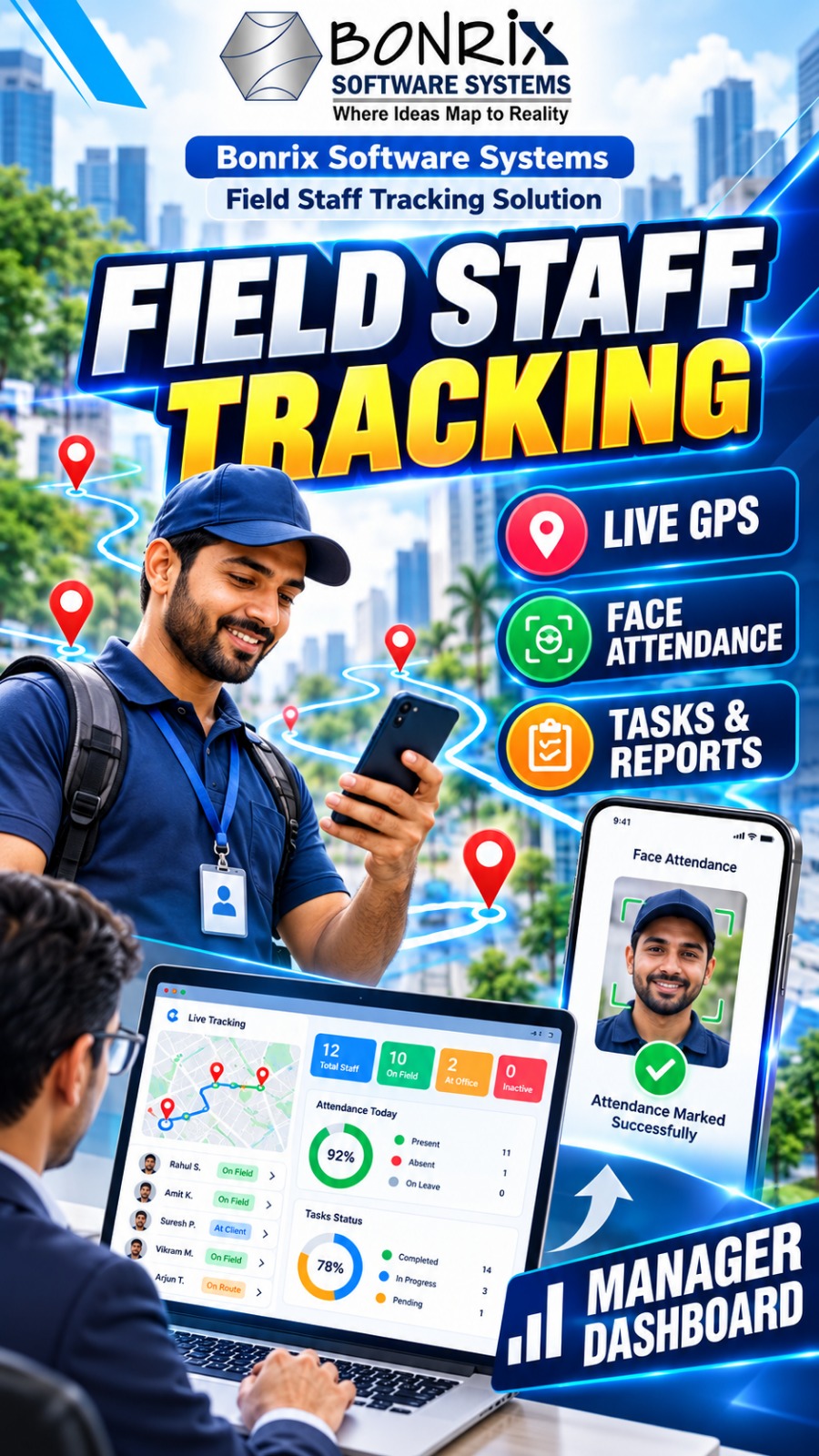 Bonrix Field Employee Tracking Solution with Mobile Responsive Management Dashboard
