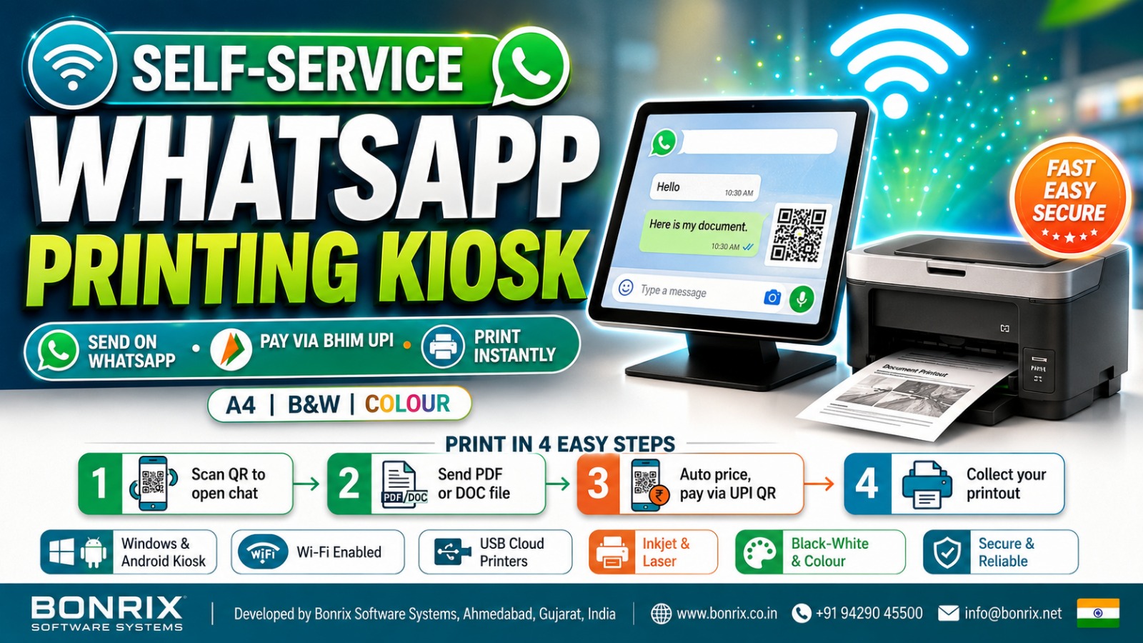 Bonrix WhatsApp Printing Kiosk: Send Documents, Pay via BHIM UPI and Get Instant A4 Printouts Easily