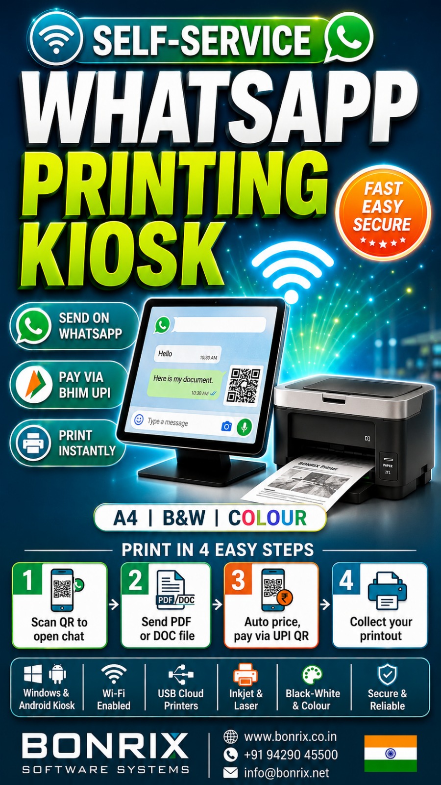 Bonrix WhatsApp Printing Kiosk: Send Documents, Pay via BHIM UPI and Get Instant A4 Printouts Easily