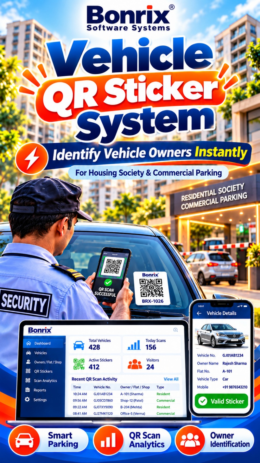 Bonrix Vehicle QR Sticker Management System for Smart Housing Society & Commercial Parking Security