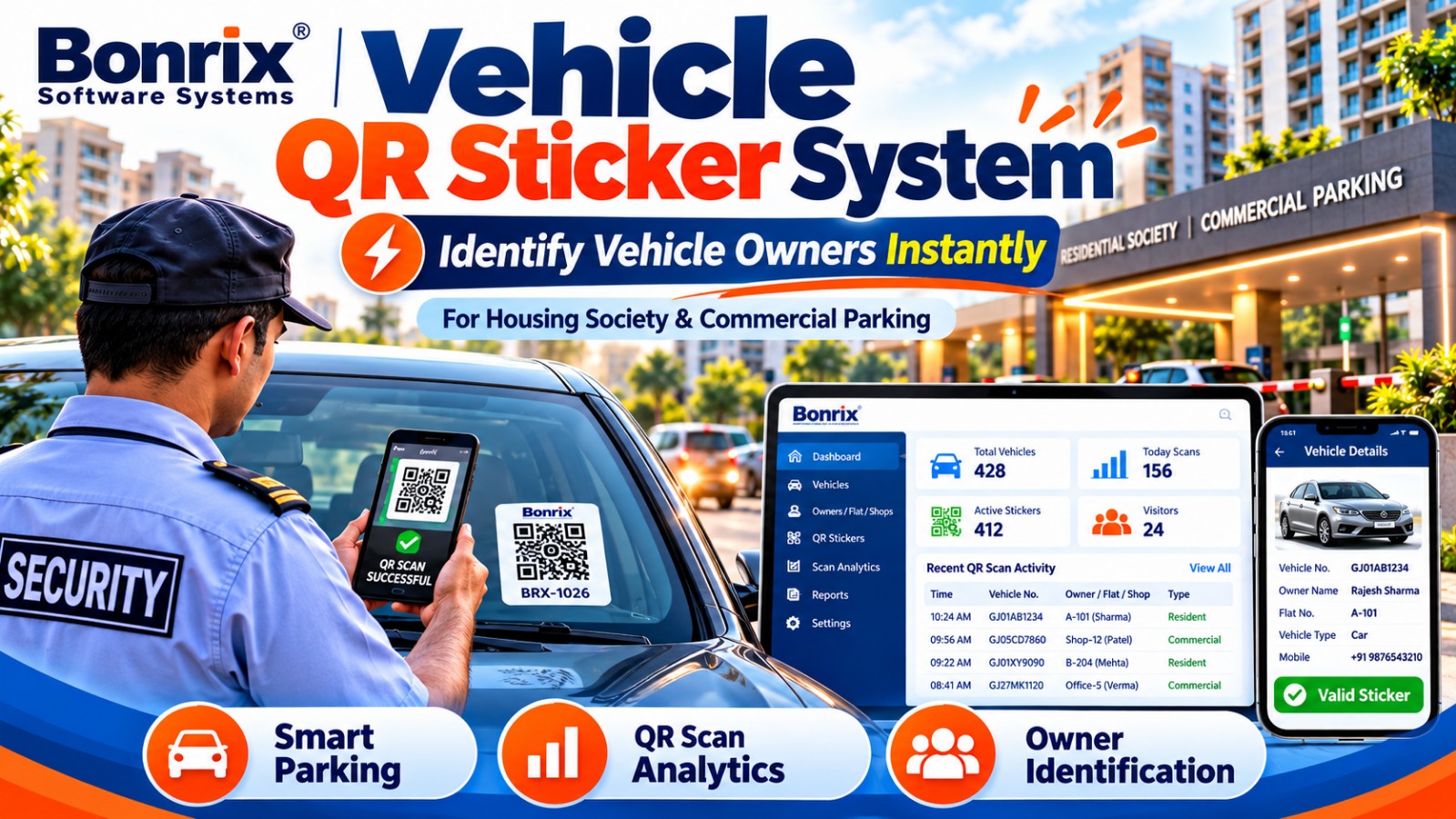 Bonrix Vehicle QR Sticker Management System for Smart Housing Society & Commercial Parking Security
