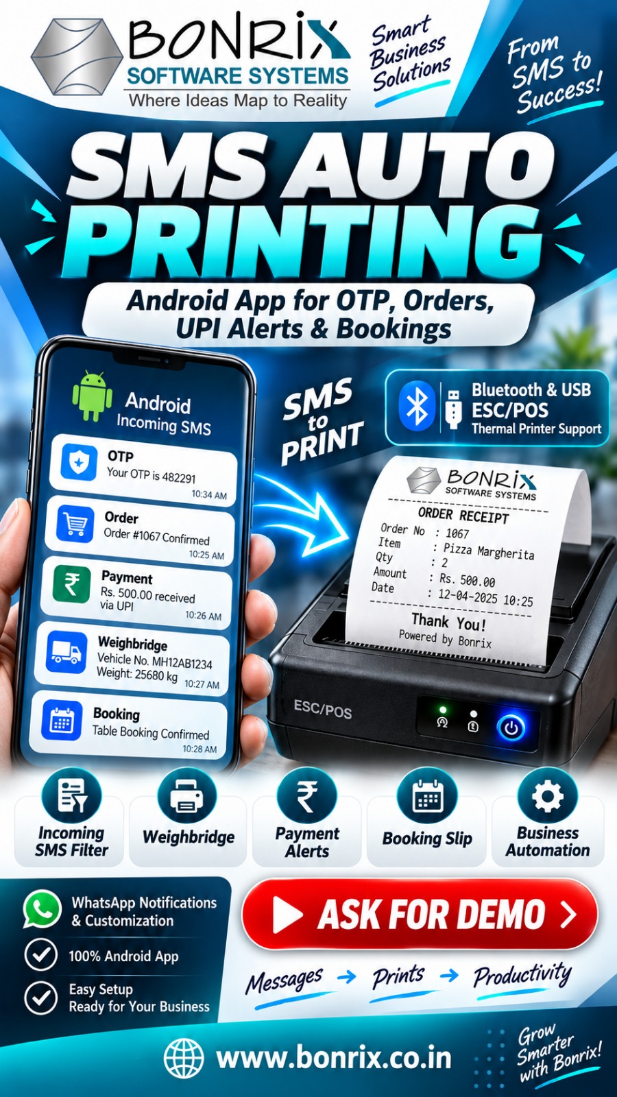 Bonrix Android Incoming SMS Auto Printing Solution banner