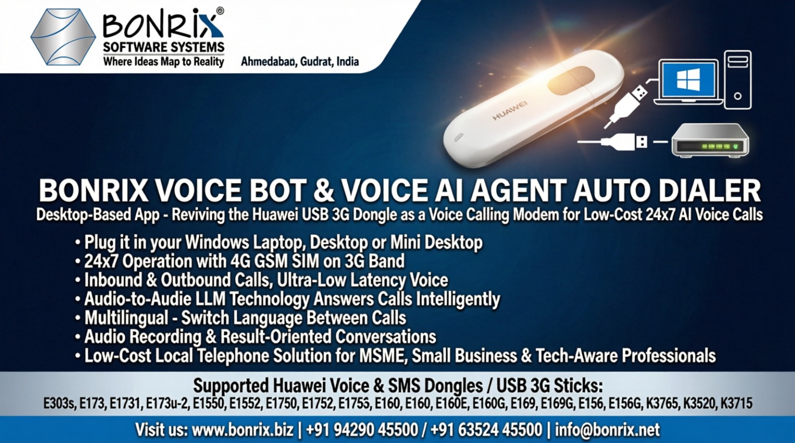 Bonrix Voice Bot & AI Auto Dialer - Revive Huawei 3G Dongle as 24x7 Low-Cost Voice AI for MSME