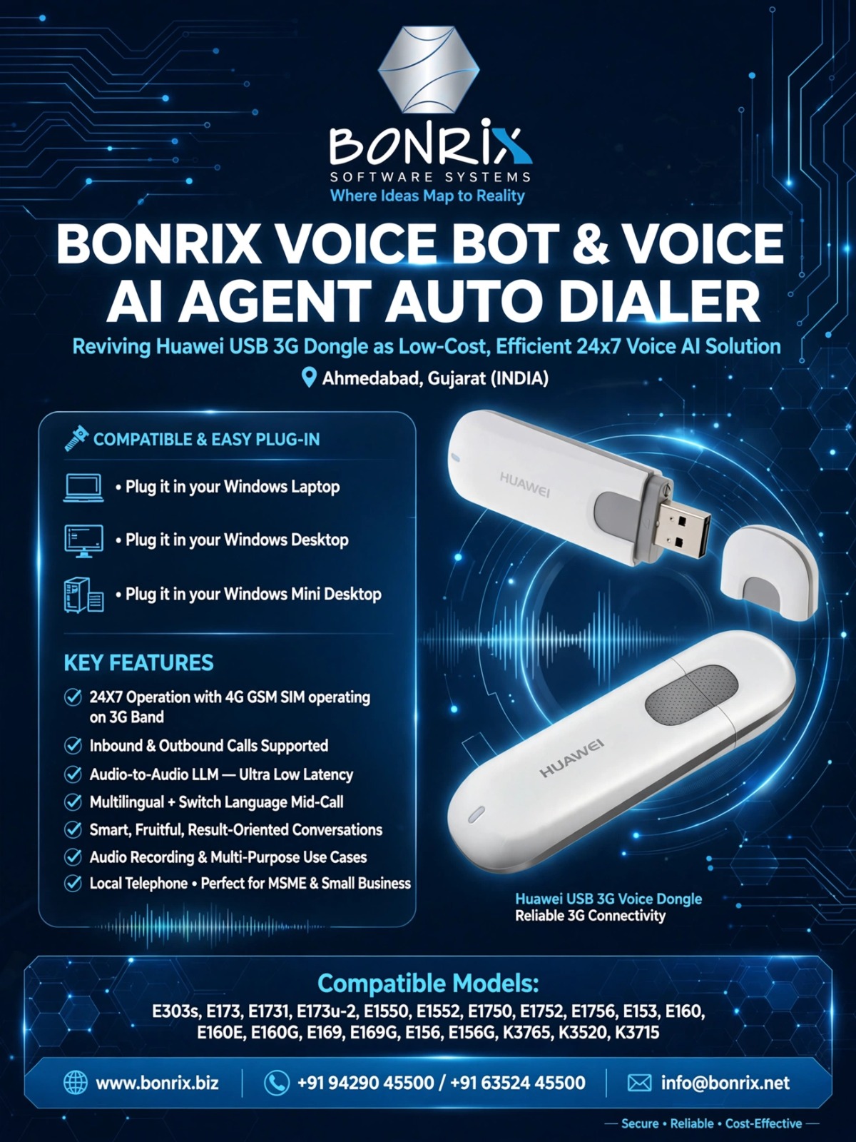 Bonrix Voice Bot & AI Auto Dialer - Revive Huawei 3G Dongle as 24x7 Low-Cost Voice AI for MSME