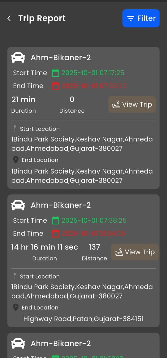 Trip report breaking daily vehicle activity into individual trips with start/end locations, duration, and distance