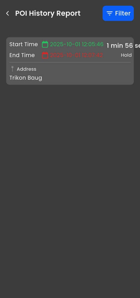 POI history report tracking time spent at predefined Points of Interest such as Trikon Baug to verify client visits