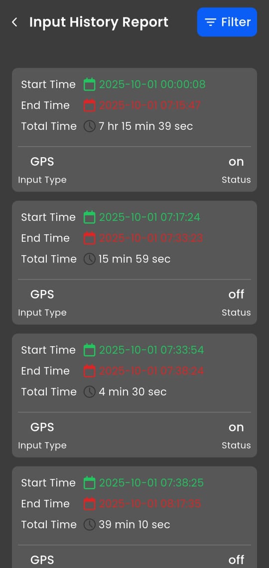 Input history report logging GPS device power and input status changes to detect tampering or disconnections with precise on/off durations