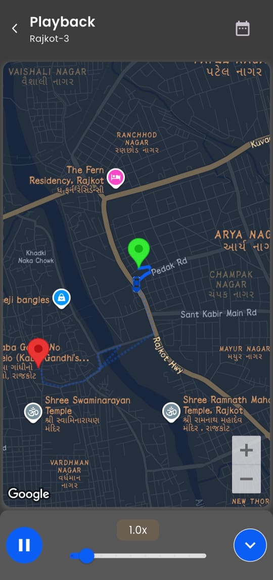 Animated playback map view with 4.5x speed control for forensic route analysis and driver behavior review