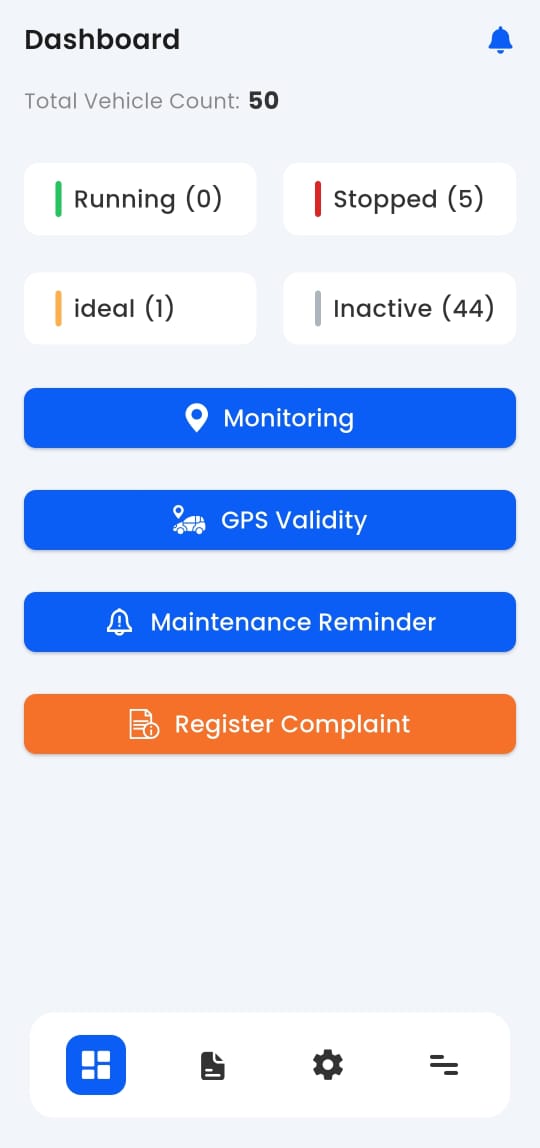 Fleet dashboard showing overview of active vehicles, status indicators, and key performance metrics for operational insights