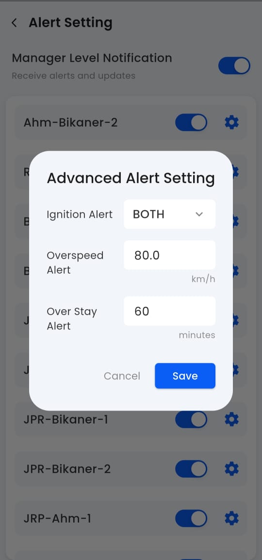 Alert settings interface to configure real-time notifications for overspeeding, geofence breaches, idling, and maintenance alerts