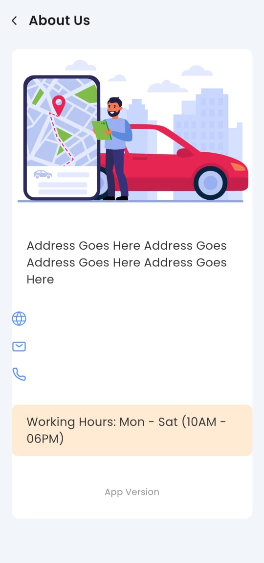 About Us screen displaying company details, app version, and support contact information for user assistance