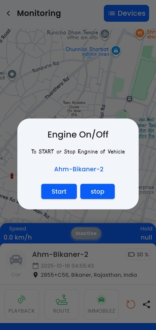 Live vehicle monitoring on interactive map showing real-time location, speed, and status updates