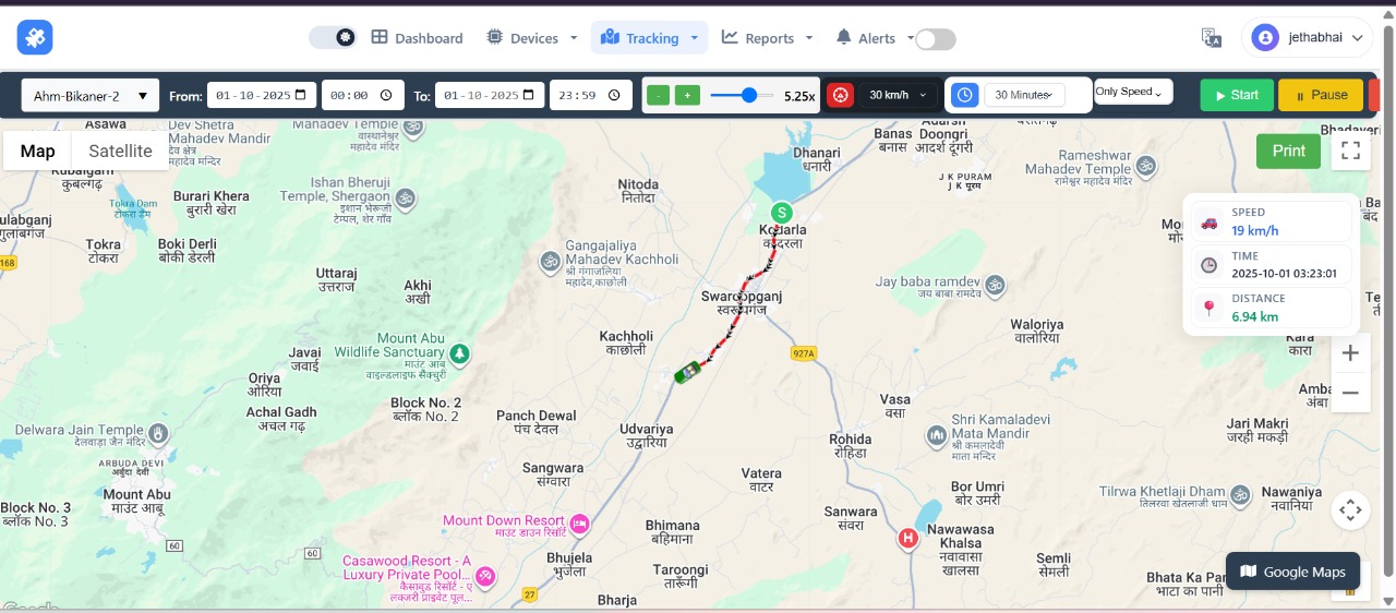 Historical route playback screen for vehicle Ahm-Bikaner-2, used for auditing and reviewing past journeys