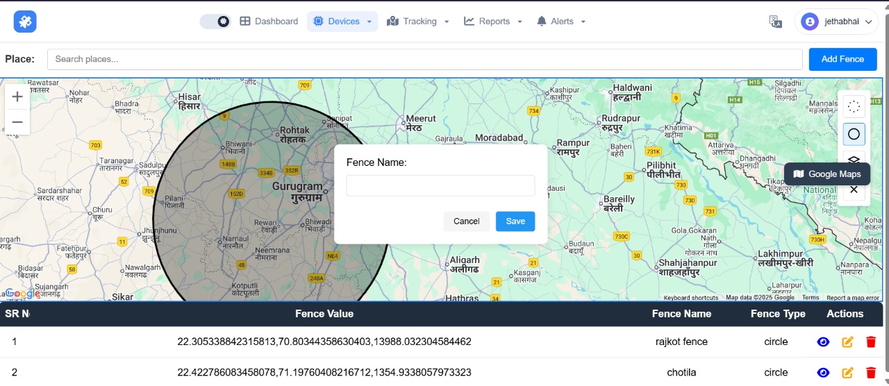 Geo-fence creation interface showing a circular virtual boundary drawn around Gurugram on a map for fleet monitoring
