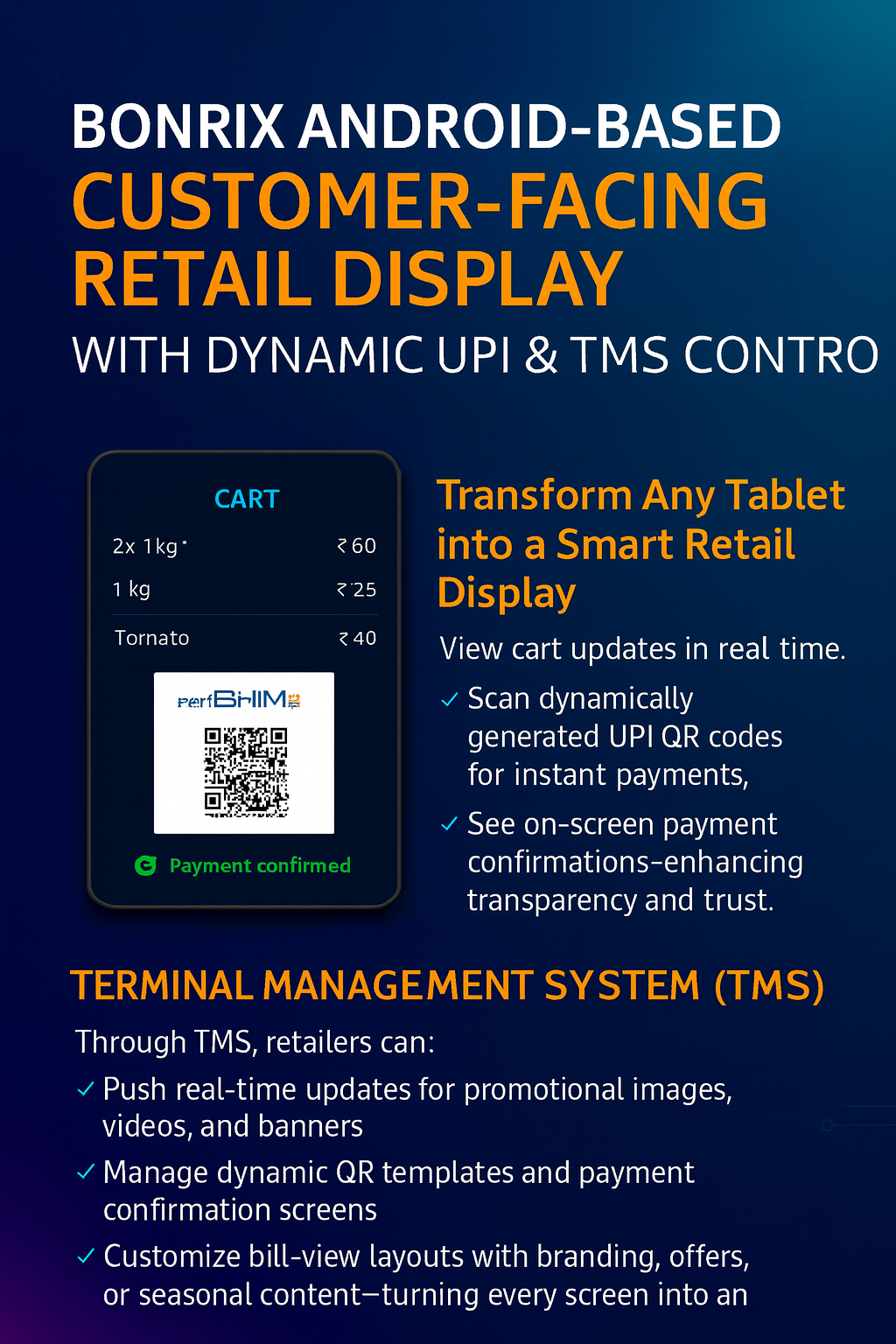 Bonrix Android-Based Customer-Facing Retail Display with Dynamic UPI & TMS Control